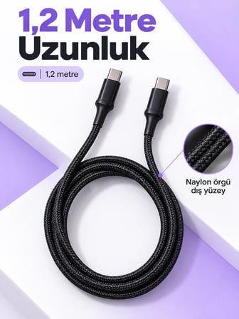 Telefon ve Tablet İçin Type C to Type C Örgülü Şarj Kablosu