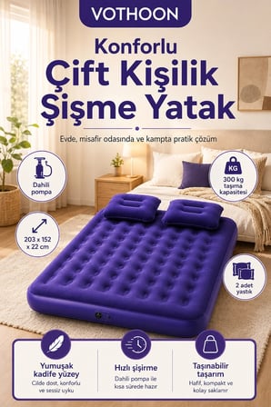 Çift Kişilik Şişme Yatak Dahili Pompalı 203x152x22 Cm 2 Yastıklı