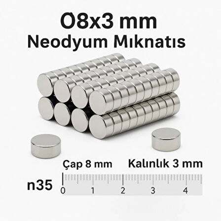 100 Adet 8x3mm Yuvarlak Neodyum Mıknatıs Güçlü Nikel Kaplamalı Kaliteli Dayanıklı Magnet