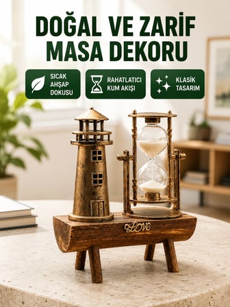 Ahşap Gövdeli Deniz Feneri Formlu Kum Saati - 15x20 Cm Masa Dekoru Yeni Nesil