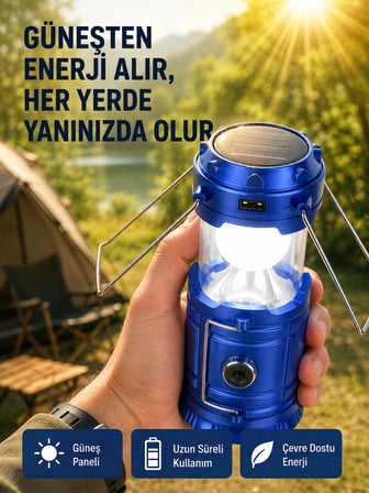 Şarj Edilebilir Güneş Enerjili Kızaklı Kamp Feneri – USB Çıkışlı, Katlanabilir, Dayanıklı ve Çok Fonksiyonlu