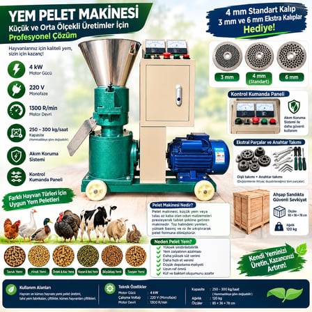 4 KW 220V Yem Pelet Makinesi Kontrol Panelli 3-4-6 Numara Elek ve Yedek Pres Dişlisi