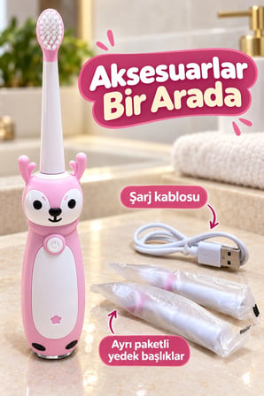 Elektrikli Diş Fırçası Pembe Figürlü Değiştirilebilir Başlıklı