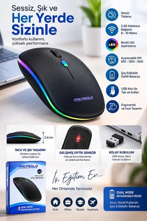 Kablosuz Şarjlı Sessiz Tıklamalı Ergonomik Mouse