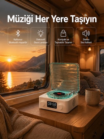 Retro Tasarımlı Gece Lambalı Bluetooth Hoparlör – Saat ve Pil Göstergeli