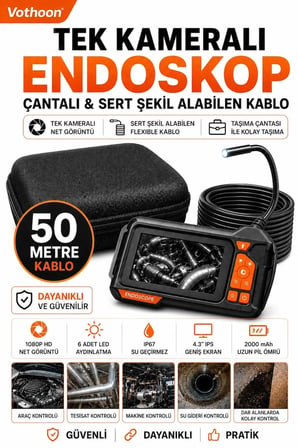 Ekranlı Tek Kameralı 50 Mt Sert Kablo Yılan Endoskop Kamera 8 Mm 4.3 Inc