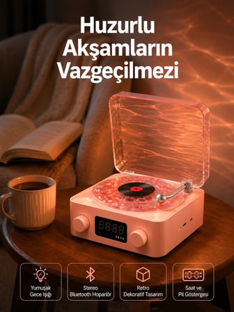 Vintage Tarz Bluetooth Hoparlör – Gece Işığı ve Zaman Göstergeli Yeni Nesil