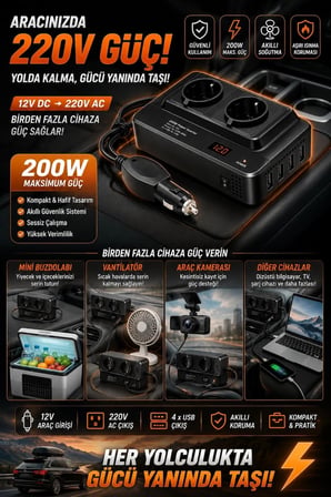 200w 12v Dc - 220v Ac Araç İçi İnvertör Priz Usb Girişli Dijital Göstergeli