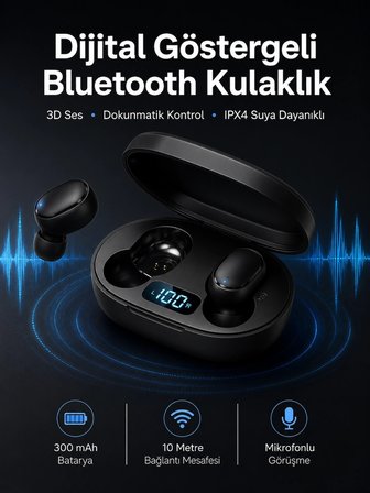 İkili Bluetooth Kulaklık Dijital Göstergeli Uzun Pil Ömrü Yüksek Ses Kaliteli Yeni Nesil