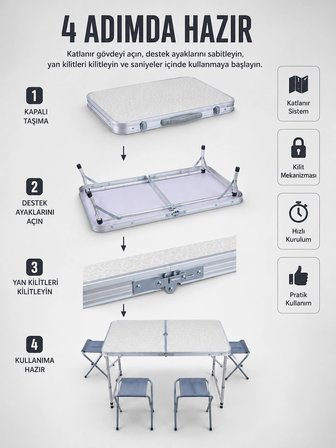 Valiz Tipi Katlanabilir Piknik Masası 4 Tabureli Taşınabilir Kamp Masası