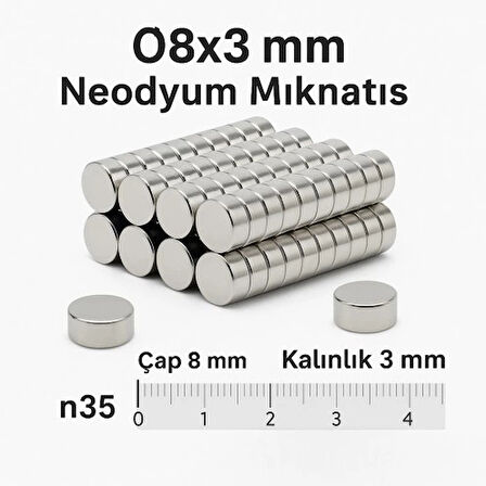 5 Adet 8x3mm Yuvarlak Neodyum Mıknatıs Güçlü Nikel Kaplamalı Kaliteli Dayanıklı Magnet
