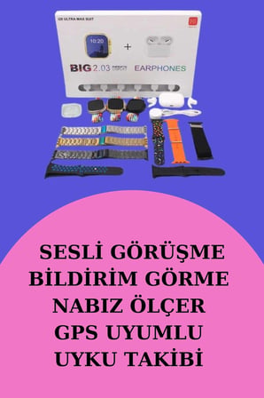 Akıllı Saat Bluetooth Kulaklık Hediyeli Bildirim Görme Sesli Görüşme Çoklu Kordon