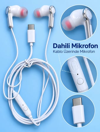 Type C Girişli Mikrofonlu Beyaz Kablolu Kulak İçi Kulaklık