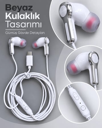 Type C Girişli Mikrofonlu Beyaz Kablolu Kulak İçi Kulaklık