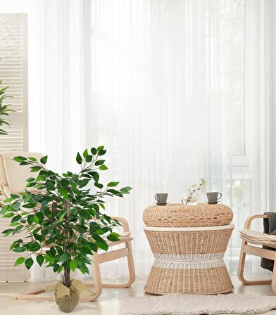 Yapay Ağaç Benjamin 3 Gövdeli Çalılı 100x60cm Keten Sarılı Siyah Plastik Saksılı