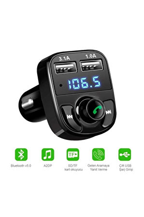 Carx8 Araç Kiti Fm Transmitter Bluetooth 5.0 Micro Sd Usb Şarj Oto Müzik Çalar