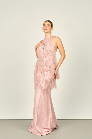 Ömür Inn Kadın Halter Yaka Boncuk İşlemeli Sırt Detaylı Balık Form Abiye Elbise 4298 Pudra