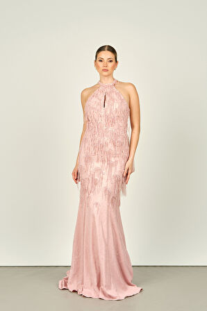 Ömür Inn Kadın Halter Yaka Boncuk İşlemeli Sırt Detaylı Balık Form Abiye Elbise 4298 Pudra