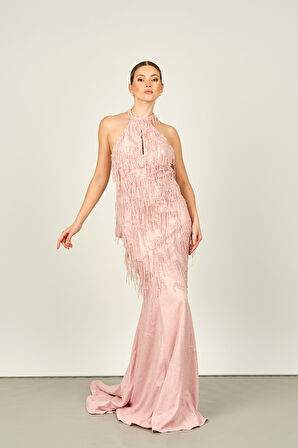 Ömür Inn Kadın Halter Yaka Boncuk İşlemeli Sırt Detaylı Balık Form Abiye Elbise 4298 Pudra