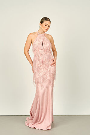 Ömür Inn Kadın Halter Yaka Boncuk İşlemeli Sırt Detaylı Balık Form Abiye Elbise 4298 Pudra