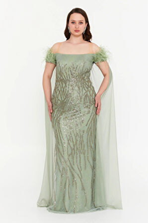 Ömür Inn Kadın Büyük Beden Düşük Omuz Pelerin Detaylı Abiye Elbise 4260 Çağla