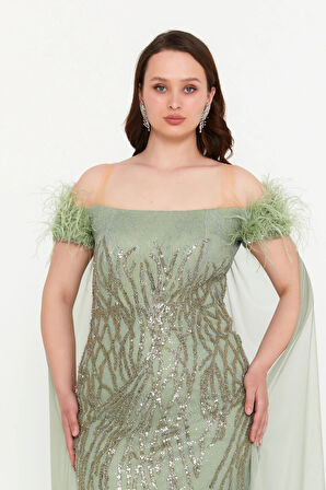 Ömür Inn Kadın Büyük Beden Düşük Omuz Pelerin Detaylı Abiye Elbise 4260 Çağla