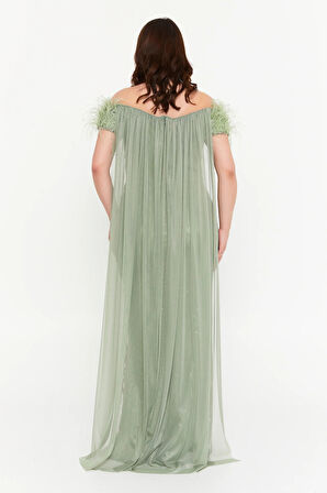 Ömür Inn Kadın Büyük Beden Düşük Omuz Pelerin Detaylı Abiye Elbise 4260 Çağla