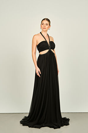 Ömür Inn Kadın Boyundan Örgü Bağlamalı Pencere Detaylı Şifon Abiye Elbise 4255 Siyah