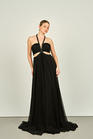 Ömür Inn Kadın Boyundan Örgü Bağlamalı Pencere Detaylı Şifon Abiye Elbise 4255 Siyah