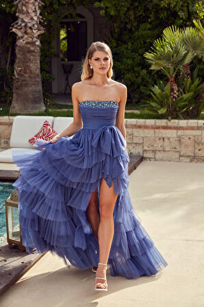 Ömür Inn Kadın Straplez Eteği Tül ve Katlı Derin Yırtmaçlı Abiye Elbise 0452 Kraliyet Mavisi