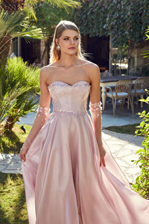 Ömür Inn Kadın Straplez Taş İşlemeli Uzun Abiye Elbise 0396 Pudra