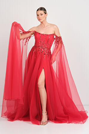 Ömür Inn Kadın Straplez Payet İşlemeli Kolları Pelerin Detaylı Uzun Abiye Elbise 5584 Kırmızı