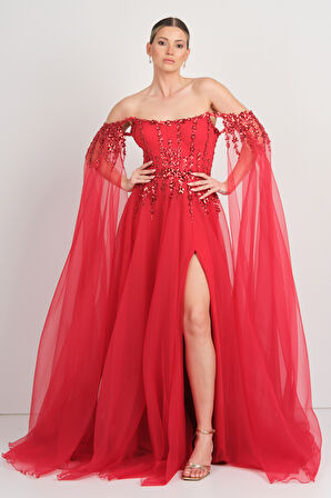 Ömür Inn Kadın Straplez Payet İşlemeli Kolları Pelerin Detaylı Uzun Abiye Elbise 5584 Kırmızı