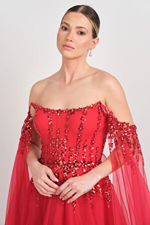 Ömür Inn Kadın Straplez Payet İşlemeli Kolları Pelerin Detaylı Uzun Abiye Elbise 5584 Kırmızı