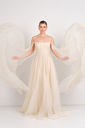 Ömür Inn Kadın Straplez Payet İşlemeli Kolları Pelerin Detaylı Uzun Abiye Elbise 5584 Şampanya