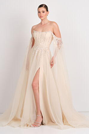 Ömür Inn Kadın Straplez Payet İşlemeli Kolları Pelerin Detaylı Uzun Abiye Elbise 5584 Şampanya