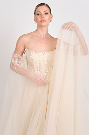 Ömür Inn Kadın Straplez Payet İşlemeli Kolları Pelerin Detaylı Uzun Abiye Elbise 5584 Şampanya