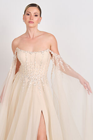 Ömür Inn Kadın Straplez Payet İşlemeli Kolları Pelerin Detaylı Uzun Abiye Elbise 5584 Şampanya