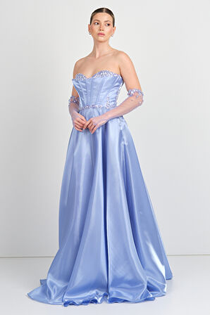 Ömür Inn Kadın Straplez Taş İşlemeli Uzun Abiye Elbise 0396 Kraliyet Mavisi