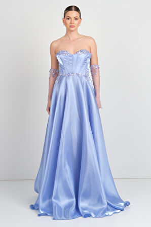 Ömür Inn Kadın Straplez Taş İşlemeli Uzun Abiye Elbise 0396 Kraliyet Mavisi