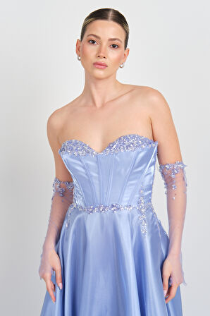 Ömür Inn Kadın Straplez Taş İşlemeli Uzun Abiye Elbise 0396 Kraliyet Mavisi