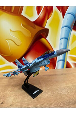 F16 Savaş Uçağı METAL Sesli Işıklı Jarjlı (Buhar Atar) Standlı F16 Uçak Mavi