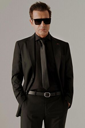 Slim Fit Siyah Düz Mono Yaka Çift Yırtmaçlı Astarlı Takim Elbise 4HF05ORT01577