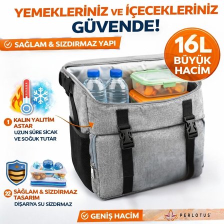 Perlotus 16 Lt Yalıtımlı Termos Piknik Kamp Çantası, Su Geçirmez, 8 mm Kalın Yalıtım 9-14 Saat Sıcak Soğuk Tutan Omuz Askılı Büyük Boy