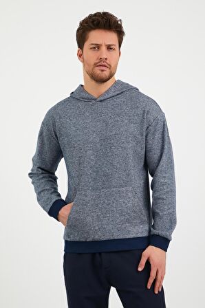 Erkek Kapüşonlu Kanguru Cepli Günlük Sweatshirt Mavi