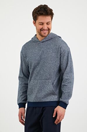 Erkek Kapüşonlu Kanguru Cepli Günlük Sweatshirt Mavi