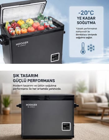 Hooger German EA 55 LTX New Series Geniş Kabin Dijital Led Ekran Oto Kamp Buzdolabı 12-24 Volt -20 Derece Hızlı Soğutma