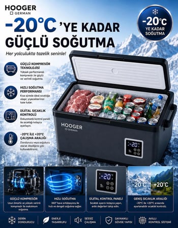 Hooger German EA 55 LTX New Series Geniş Kabin Dijital Led Ekran Oto Kamp Buzdolabı 12-24 Volt -20 Derece Hızlı Soğutma