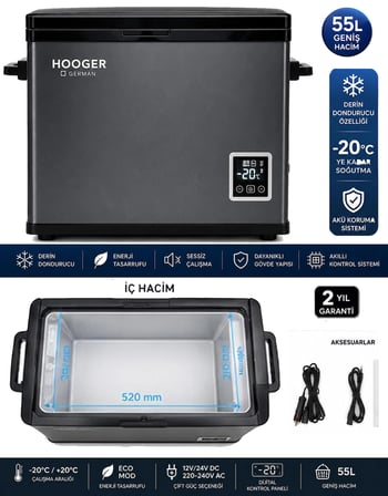 Hooger German EA 55 LTX New Series Geniş Kabin Dijital Led Ekran Oto Kamp Buzdolabı 12-24 Volt -20 Derece Hızlı Soğutma