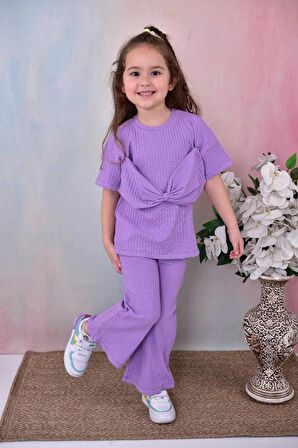 Kız Çocuk Fiyonk Detaylı Düz Renk Alt Üst Takım